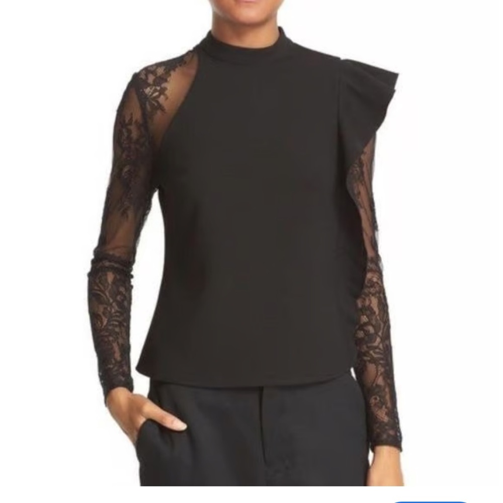 Self-Portrait Black Lace Sleeve Ruffle Shoulder Top
